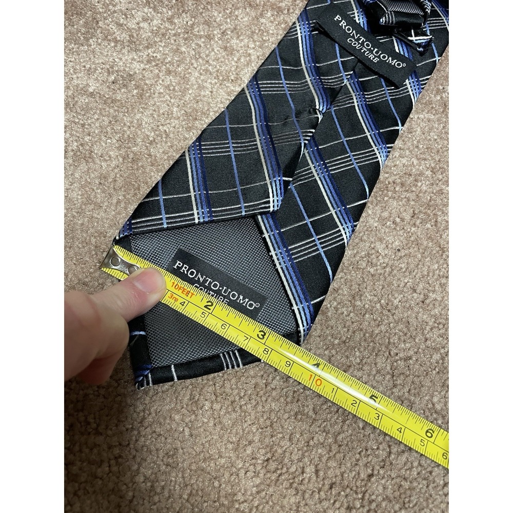 Pronto Uomo Couture Tie Blue Gray Plaid Classic Mens Dress Necktie - Picture 5 of 5